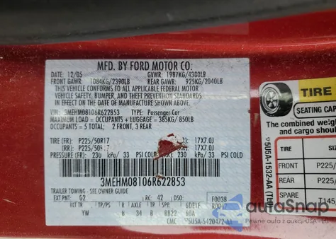 2006 Mercury Milan Premier из США, поврежденный, VIN 3MEHM08106R622853